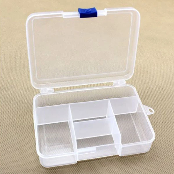 Plastboks med låg, transparant, 14,5x10 cm, 5 rum
