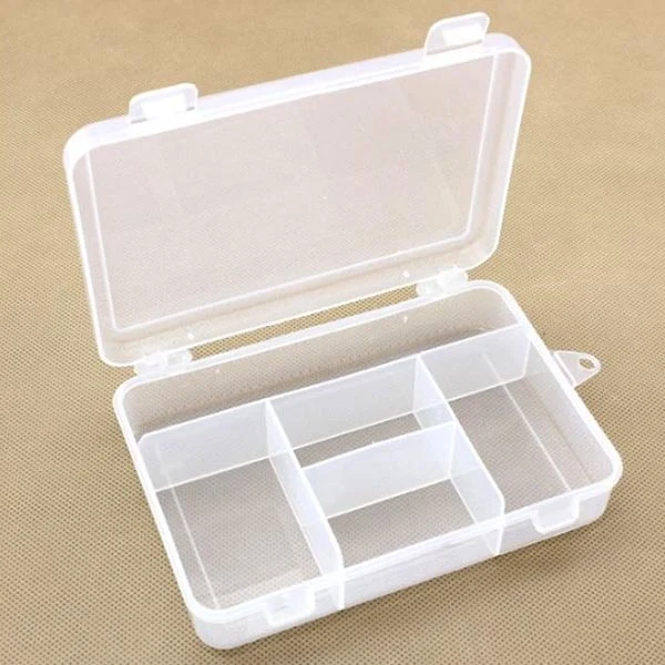 Plastboks med låg, transparant, 14x10 cm, 5 rum