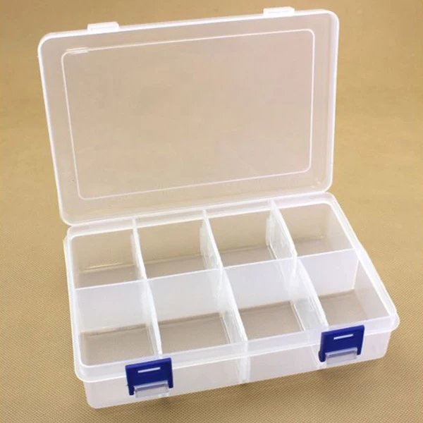 Plastboks med låg, transparent, 20x13,5 cm, 8 rum