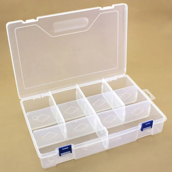 Plastboks med låg, transparent, 29,6x19,7 cm, 10 rum