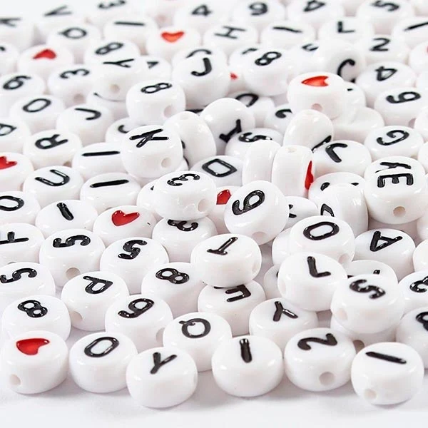 Bogstavperler, 7 mm, hul 1,2 mm, 200 stk Sort Hvid