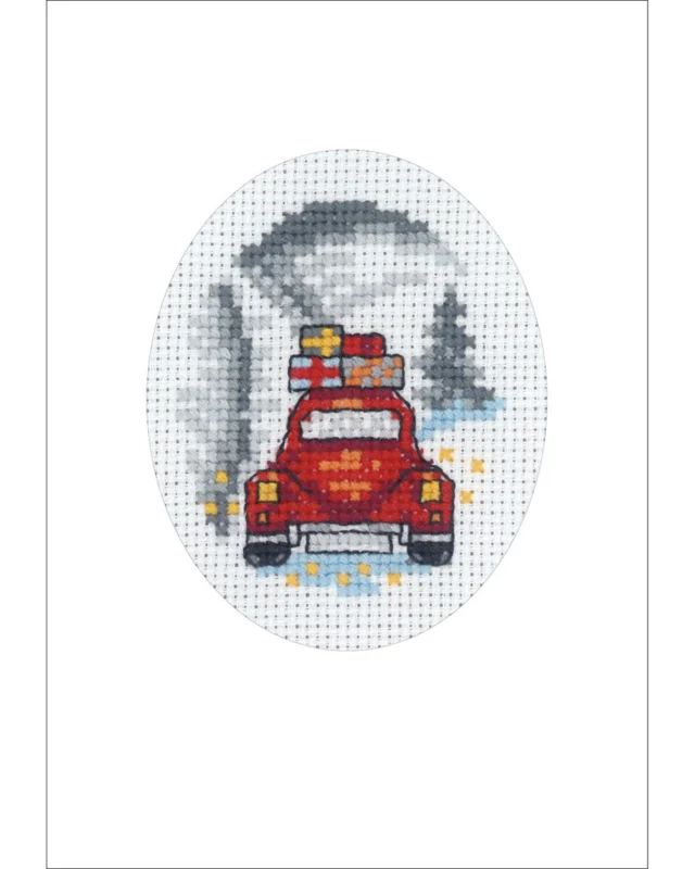 Broderikit Rød bil julekort 9 x 13 cm
