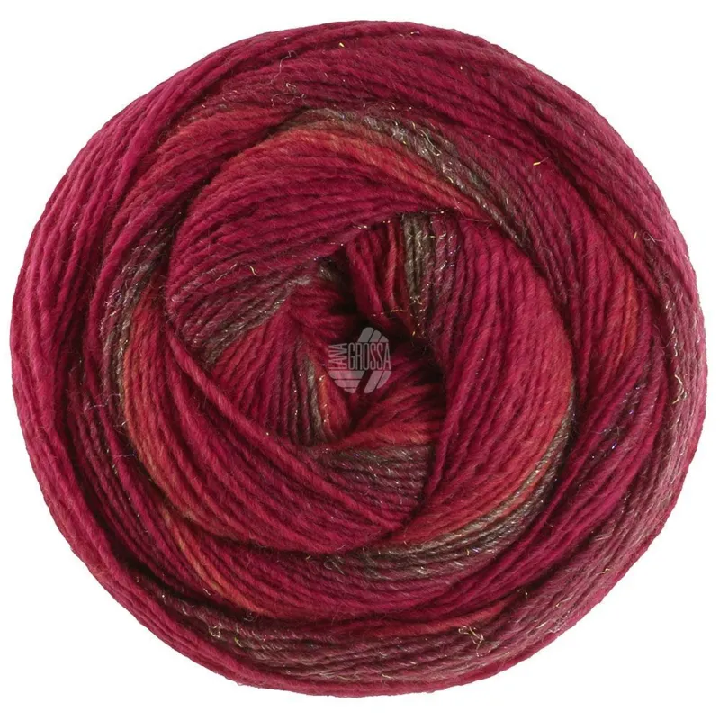 Lana Grossa Gomitolo Gala 4031 Gråbrun/vinrød/mørkerød/kirsebærrød
