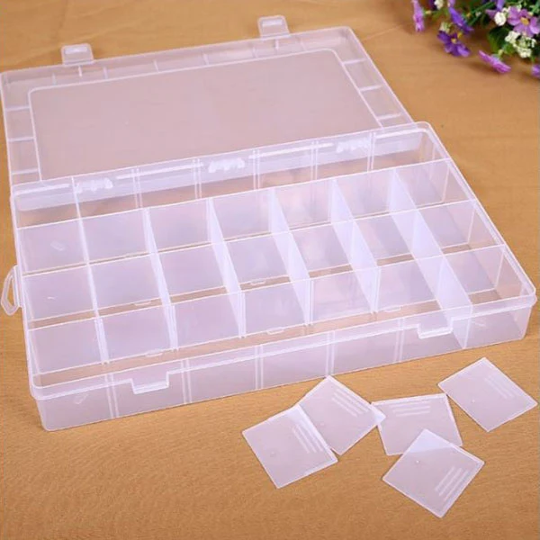 Plastboks med låg, transparent, 34,5x22 cm, 28 rum