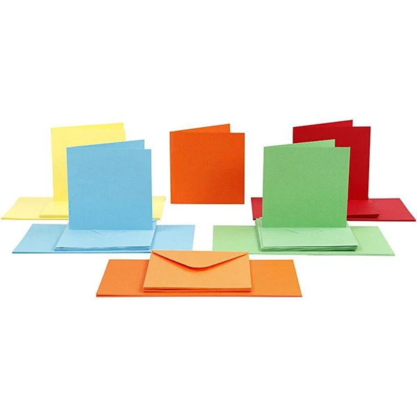 Kort og kuverter, kort 15 x 15 cm, kuvert 16 x 16 cm, 50 sæt Assorterede farver
