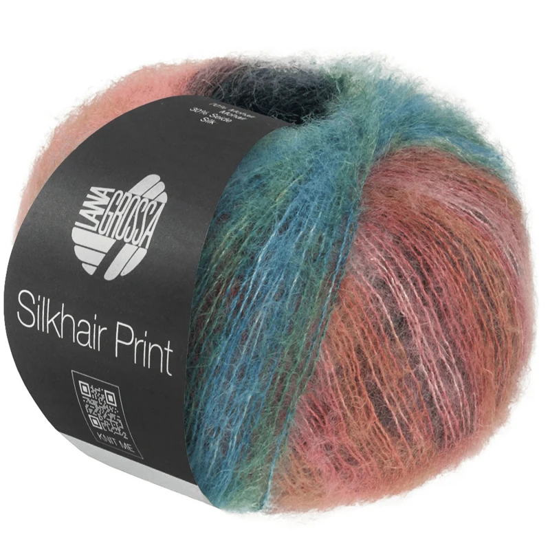 Lana Grossa Silkhair Print 438 Lys rød/turkisblå/blålilla/grøn/grå