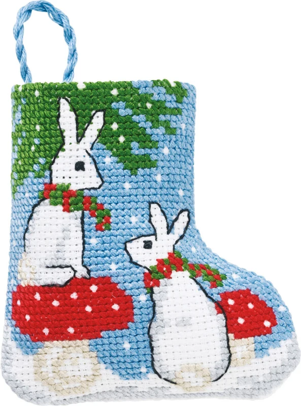 Broderikit Kaniner julestrømpe 7 x 8 cm