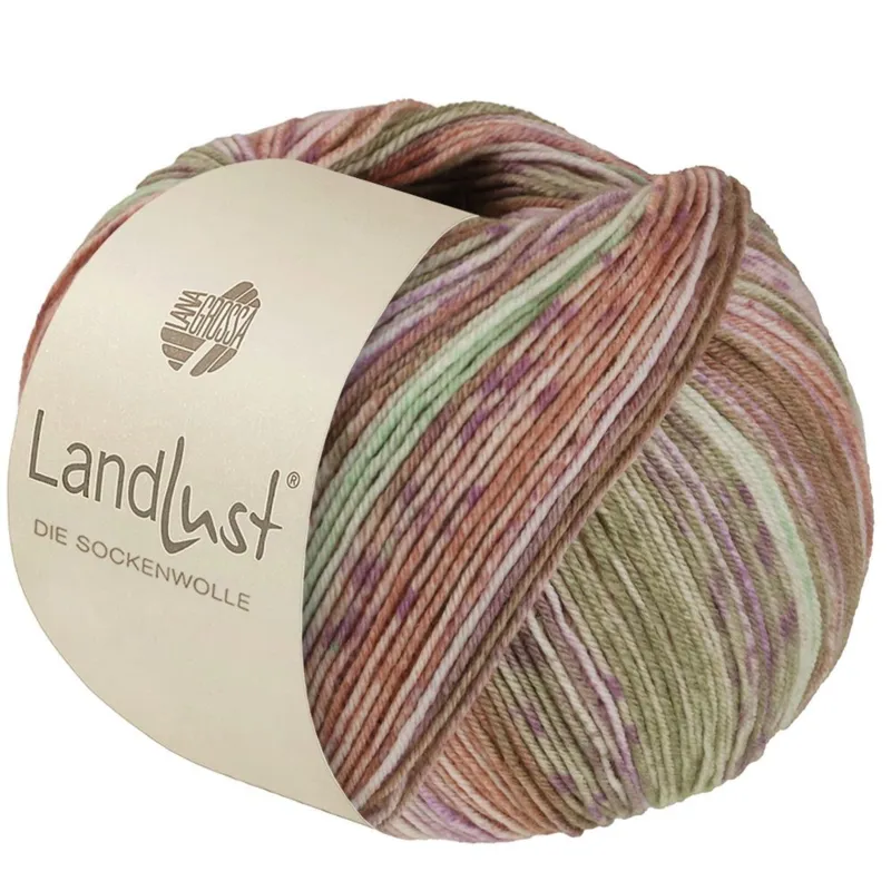 Lana Grossa Landlust die Sockenwolle Seide 332 Kakigrøn/Beige/Lilla/Rosa/Fersken/Sart grøn stribet