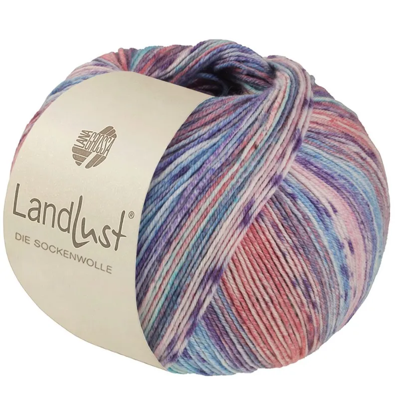 Lana Grossa Landlust die Sockenwolle Seide 334 Turkis/Himmelblå/Violet/Rosa/Laks/Grå-/Sart rosa stribet