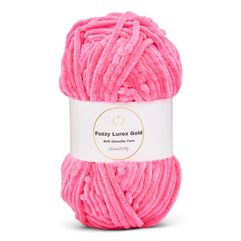LindeHobby Fuzzy Chenille Gold Lurex 49 Neonlyserød