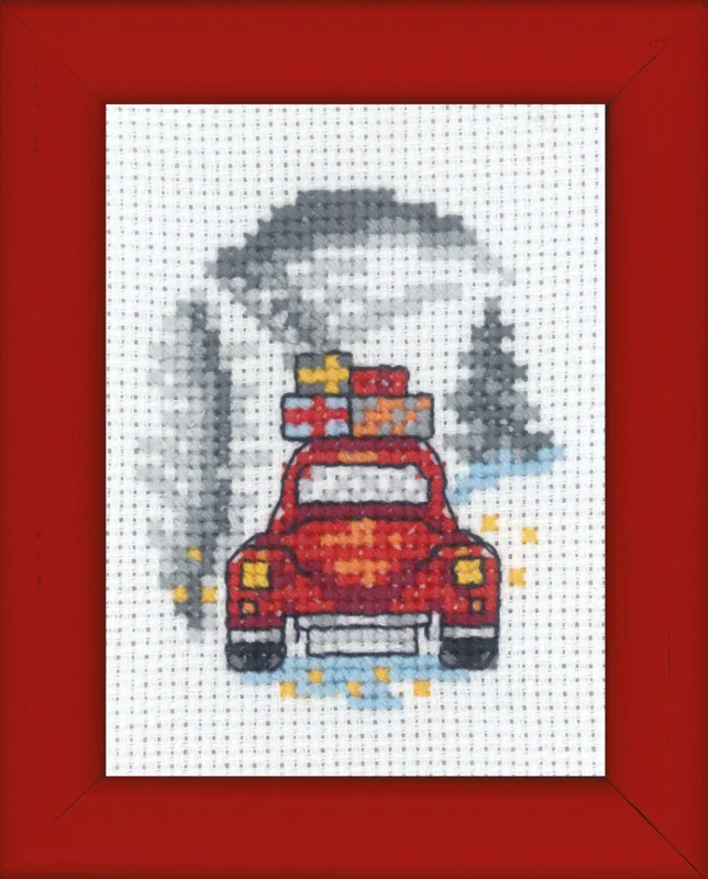 Broderikit Rød bil julebillede 6 x 8 cm